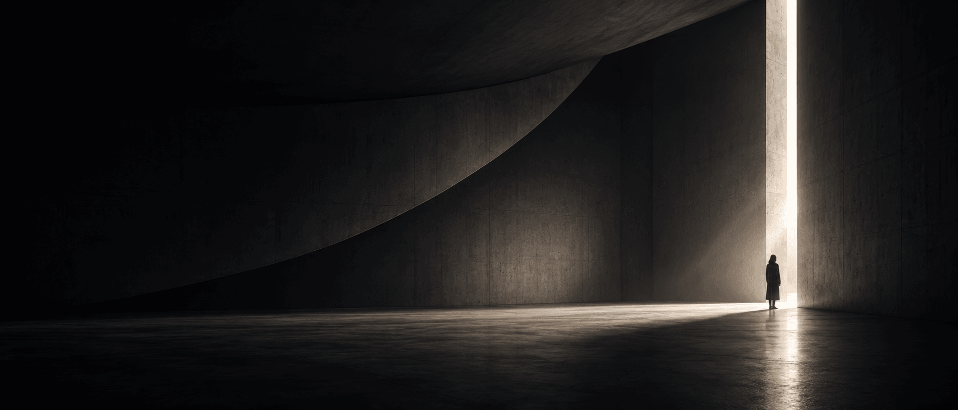 A solitary figure standing beside a shaft of light in a monumental concrete hall